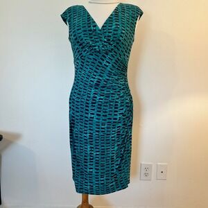RALPH LAUREN Blue/Navy & Green Geo Print Sheath Pencil Dress Side Slit Size 8‎